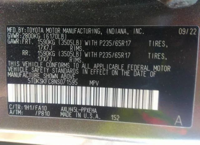 Photo 8 VIN: 5TDKSKFC8NS071595 - TOYOTA SIENNA 