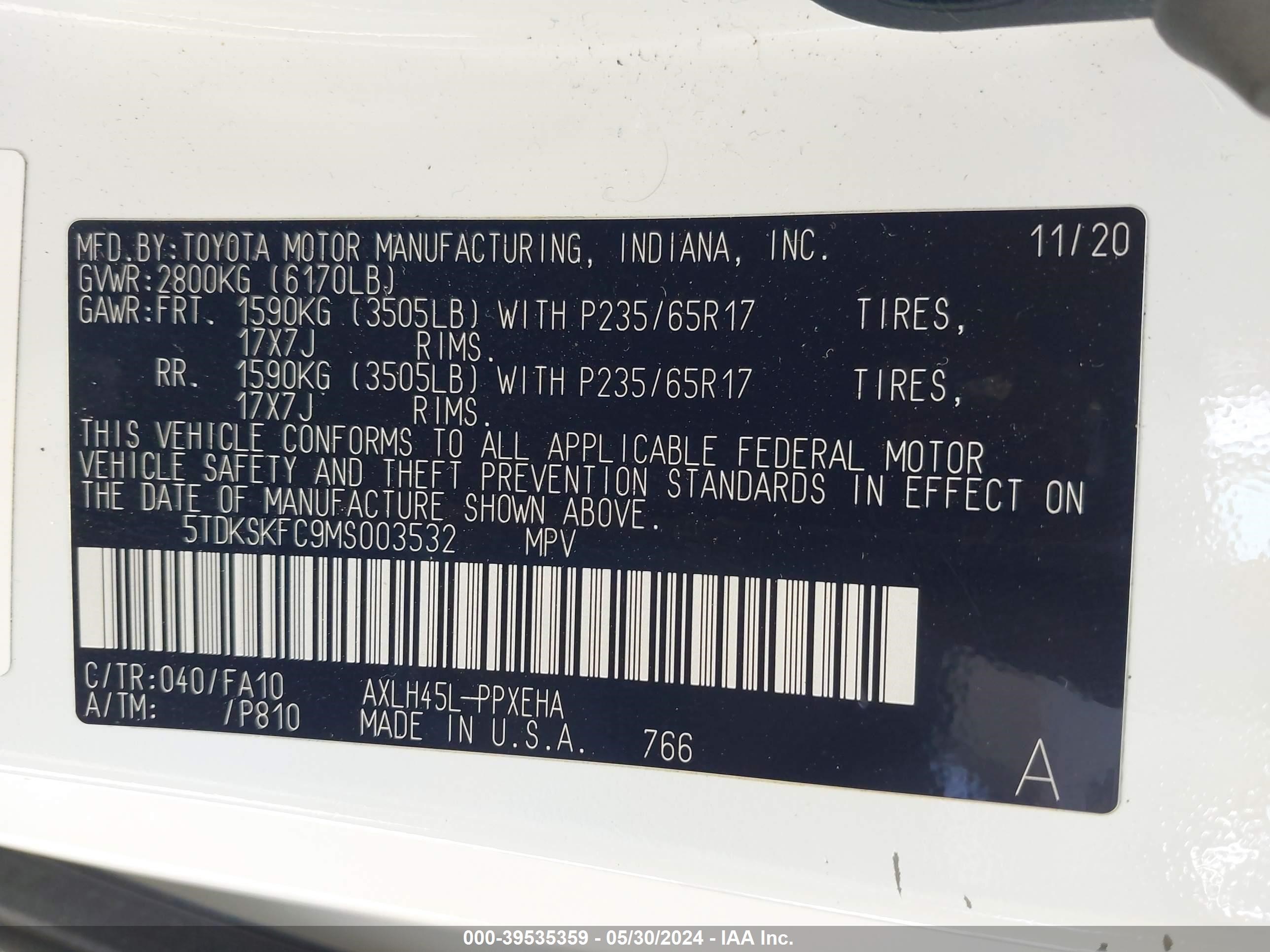 Photo 8 VIN: 5TDKSKFC9MS003532 - TOYOTA SIENNA 