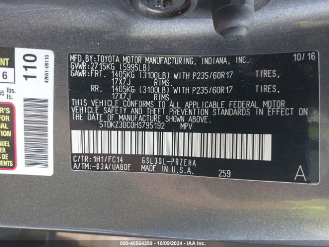 Photo 8 VIN: 5TDKZ3DC0HS795192 - TOYOTA SIENNA 