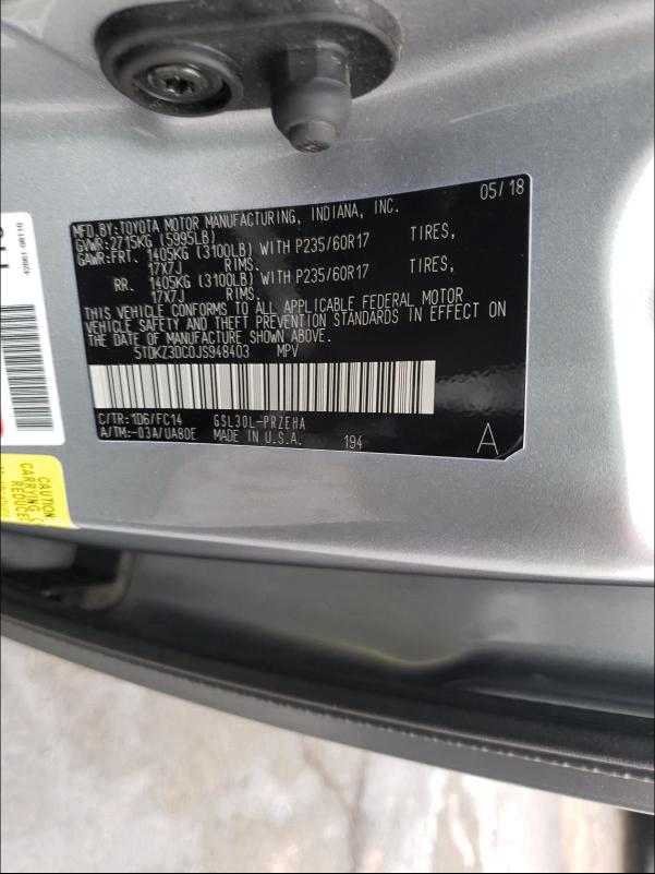 Photo 9 VIN: 5TDKZ3DC0JS948403 - TOYOTA SIENNA LE 