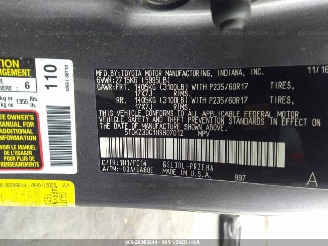 Photo 8 VIN: 5TDKZ3DC1HS807012 - TOYOTA SIENNA 