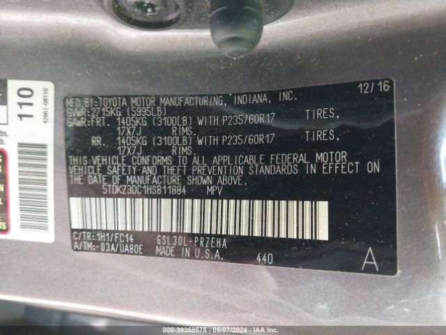 Photo 8 VIN: 5TDKZ3DC1HS811884 - TOYOTA SIENNA 