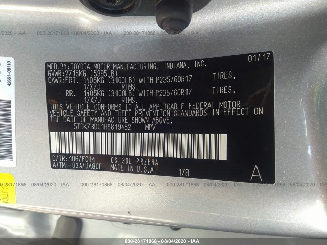 Photo 8 VIN: 5TDKZ3DC1HS819452 - TOYOTA SIENNA 