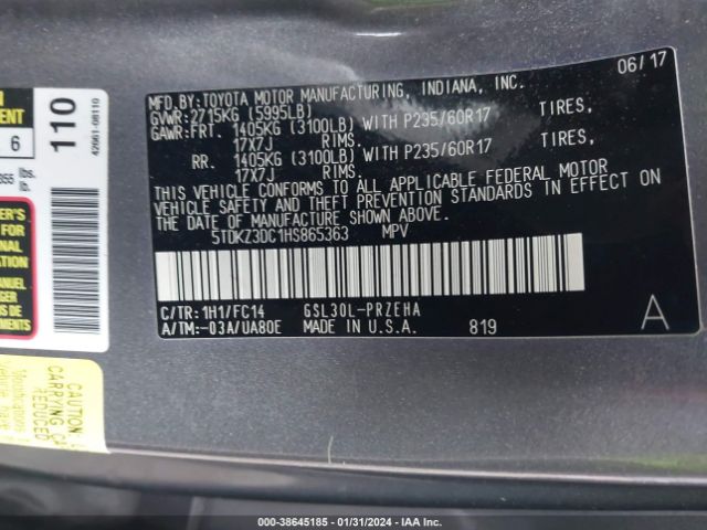 Photo 8 VIN: 5TDKZ3DC1HS865363 - TOYOTA SIENNA 