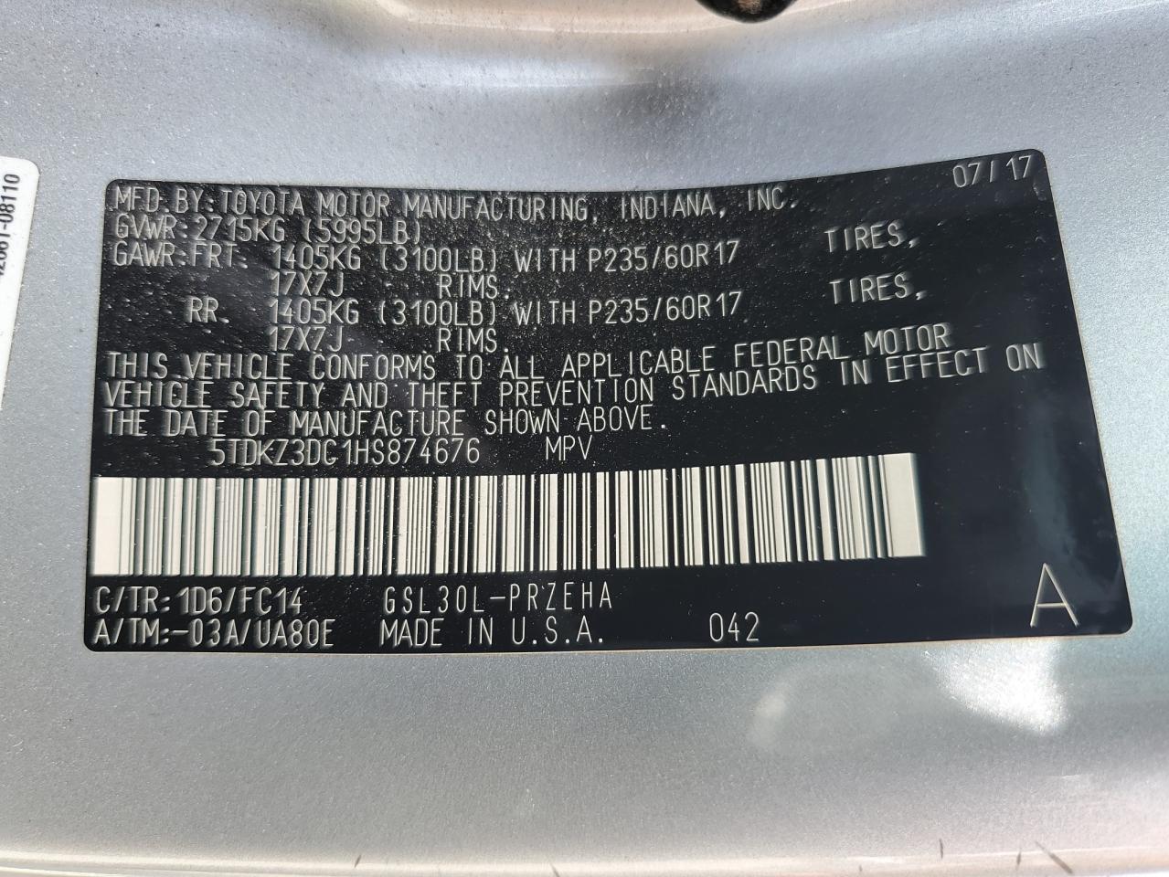 Photo 12 VIN: 5TDKZ3DC1HS874676 - TOYOTA SIENNA 