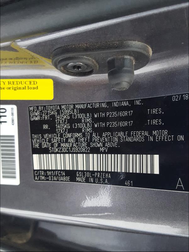 Photo 9 VIN: 5TDKZ3DC1JS920822 - TOYOTA SIENNA LE 