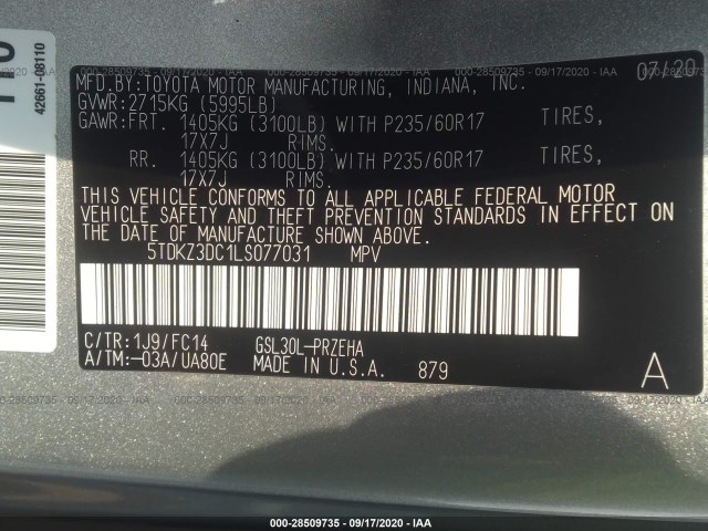 Photo 8 VIN: 5TDKZ3DC1LS077031 - TOYOTA SIENNA 