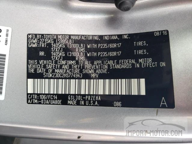 Photo 13 VIN: 5TDKZ3DC2HS774943 - TOYOTA SIENNA 