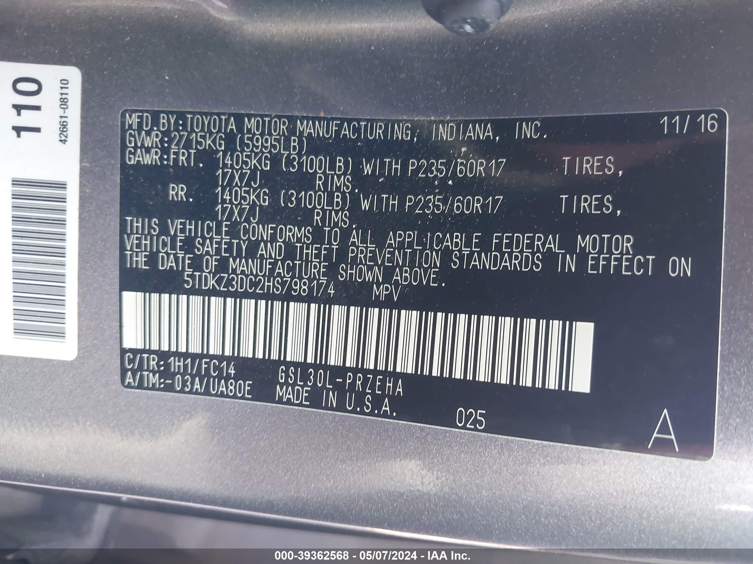 Photo 8 VIN: 5TDKZ3DC2HS798174 - TOYOTA SIENNA 