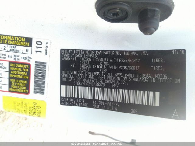 Photo 8 VIN: 5TDKZ3DC2HS798370 - TOYOTA SIENNA 