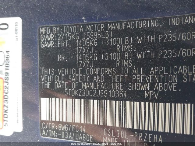 Photo 8 VIN: 5TDKZ3DC2JS910364 - TOYOTA SIENNA 