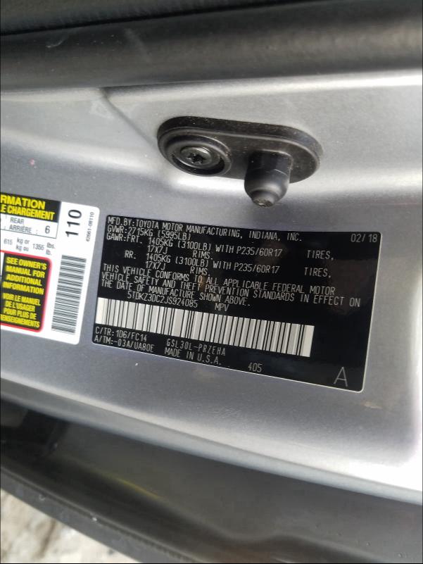 Photo 9 VIN: 5TDKZ3DC2JS924085 - TOYOTA SIENNA LE 