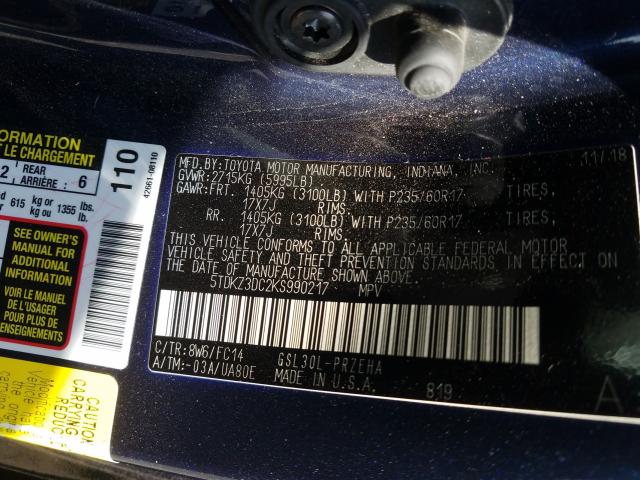 Photo 9 VIN: 5TDKZ3DC2KS990217 - TOYOTA SIENNA LE 