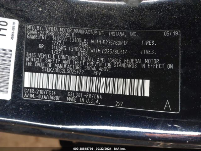 Photo 8 VIN: 5TDKZ3DC2LS025472 - TOYOTA SIENNA 