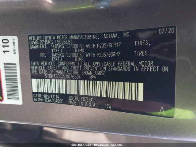 Photo 8 VIN: 5TDKZ3DC2LS076504 - TOYOTA SIENNA 