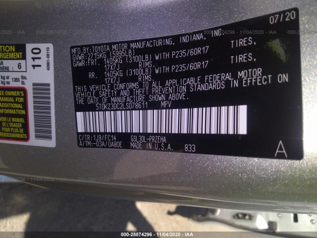 Photo 8 VIN: 5TDKZ3DC2LS078611 - TOYOTA SIENNA 