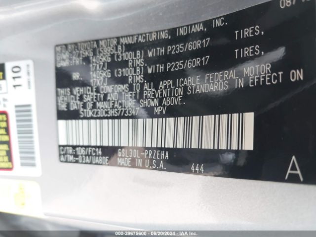 Photo 8 VIN: 5TDKZ3DC3HS773347 - TOYOTA SIENNA 