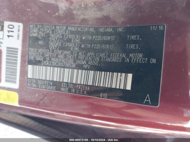 Photo 8 VIN: 5TDKZ3DC3HS798538 - TOYOTA SIENNA 