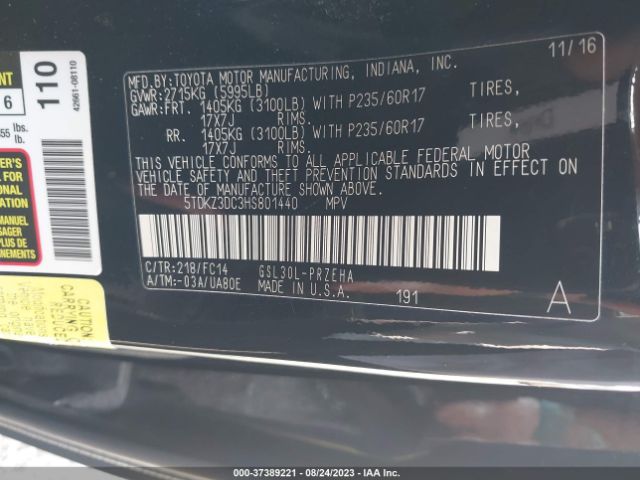 Photo 8 VIN: 5TDKZ3DC3HS801440 - TOYOTA SIENNA 