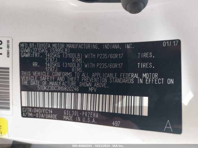 Photo 8 VIN: 5TDKZ3DC3HS820246 - TOYOTA SIENNA 