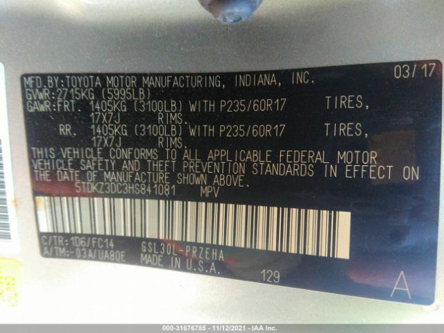 Photo 8 VIN: 5TDKZ3DC3HS841081 - TOYOTA SIENNA 