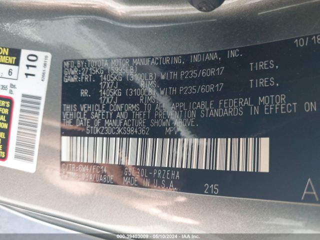 Photo 8 VIN: 5TDKZ3DC3KS984362 - TOYOTA SIENNA 