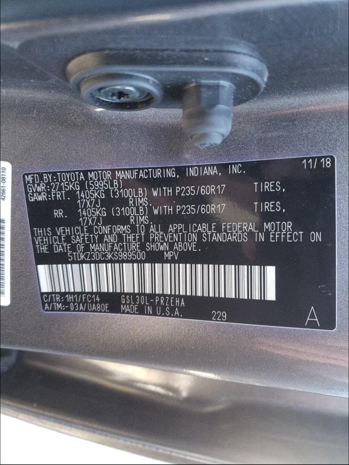 Photo 9 VIN: 5TDKZ3DC3KS989500 - TOYOTA SIENNA 