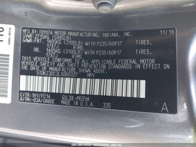 Photo 8 VIN: 5TDKZ3DC3LS060327 - TOYOTA SIENNA 