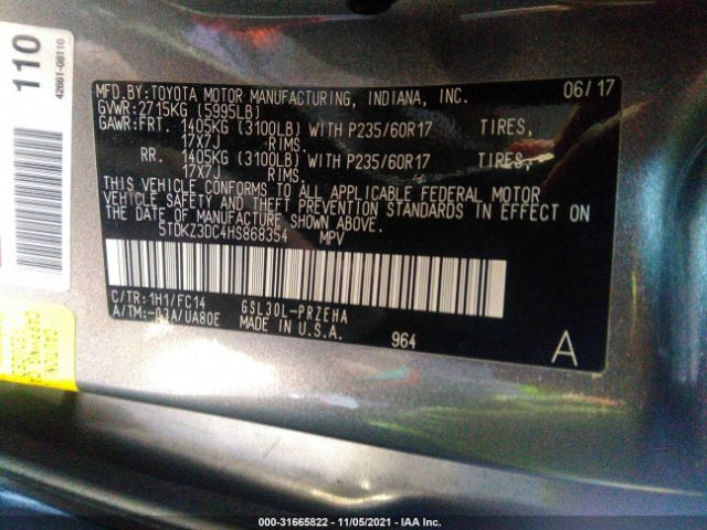 Photo 8 VIN: 5TDKZ3DC4HS868354 - TOYOTA SIENNA 