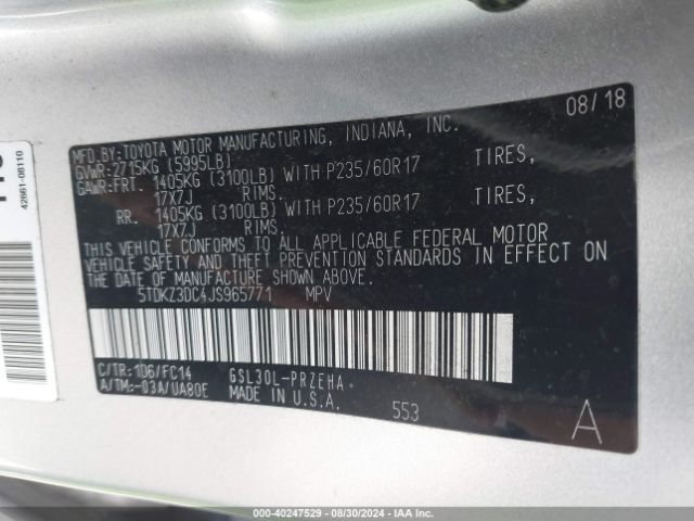 Photo 8 VIN: 5TDKZ3DC4JS965771 - TOYOTA SIENNA 