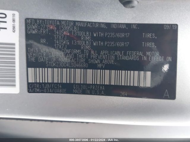 Photo 8 VIN: 5TDKZ3DC4LS046680 - TOYOTA SIENNA 