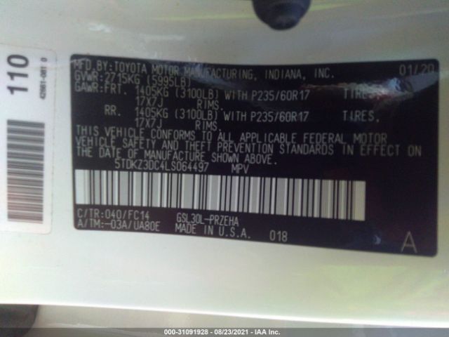 Photo 8 VIN: 5TDKZ3DC4LS064497 - TOYOTA SIENNA 