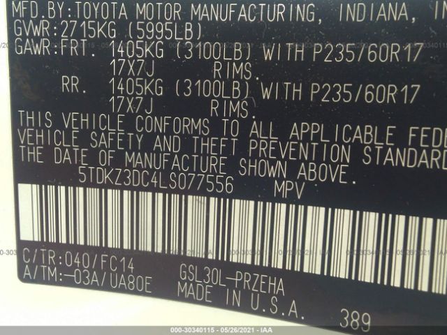 Photo 8 VIN: 5TDKZ3DC4LS077556 - TOYOTA SIENNA 