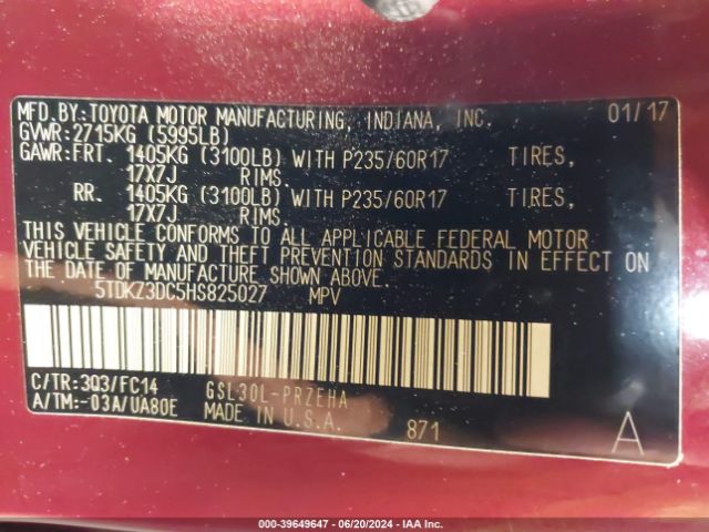 Photo 8 VIN: 5TDKZ3DC5HS825027 - TOYOTA SIENNA 