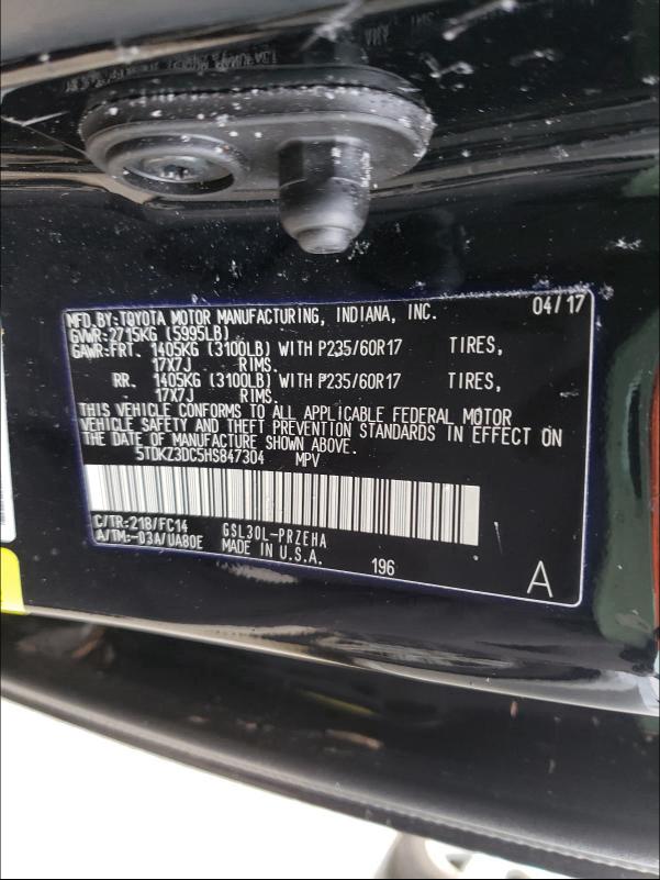 Photo 9 VIN: 5TDKZ3DC5HS847304 - TOYOTA SIENNA LE 