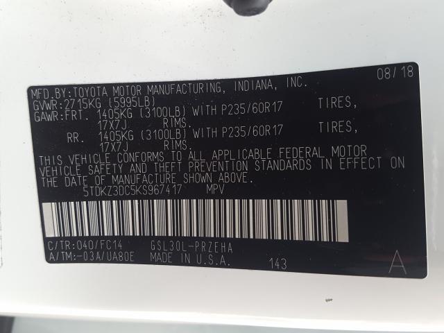 Photo 9 VIN: 5TDKZ3DC5KS967417 - TOYOTA SIENNA LE 