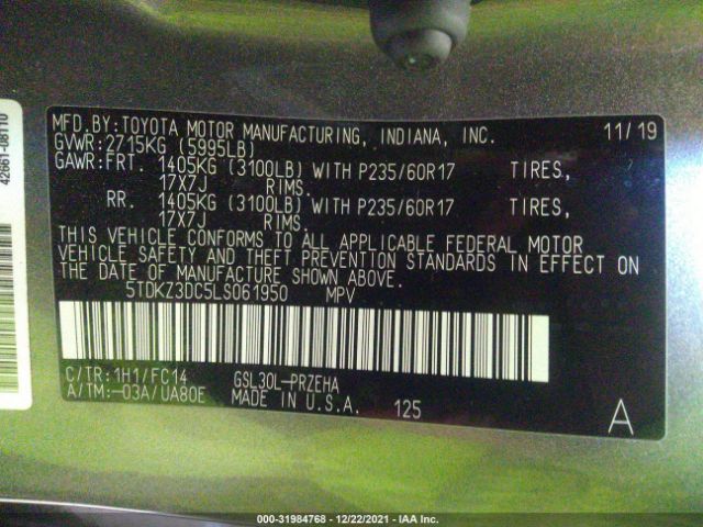 Photo 8 VIN: 5TDKZ3DC5LS061950 - TOYOTA SIENNA 