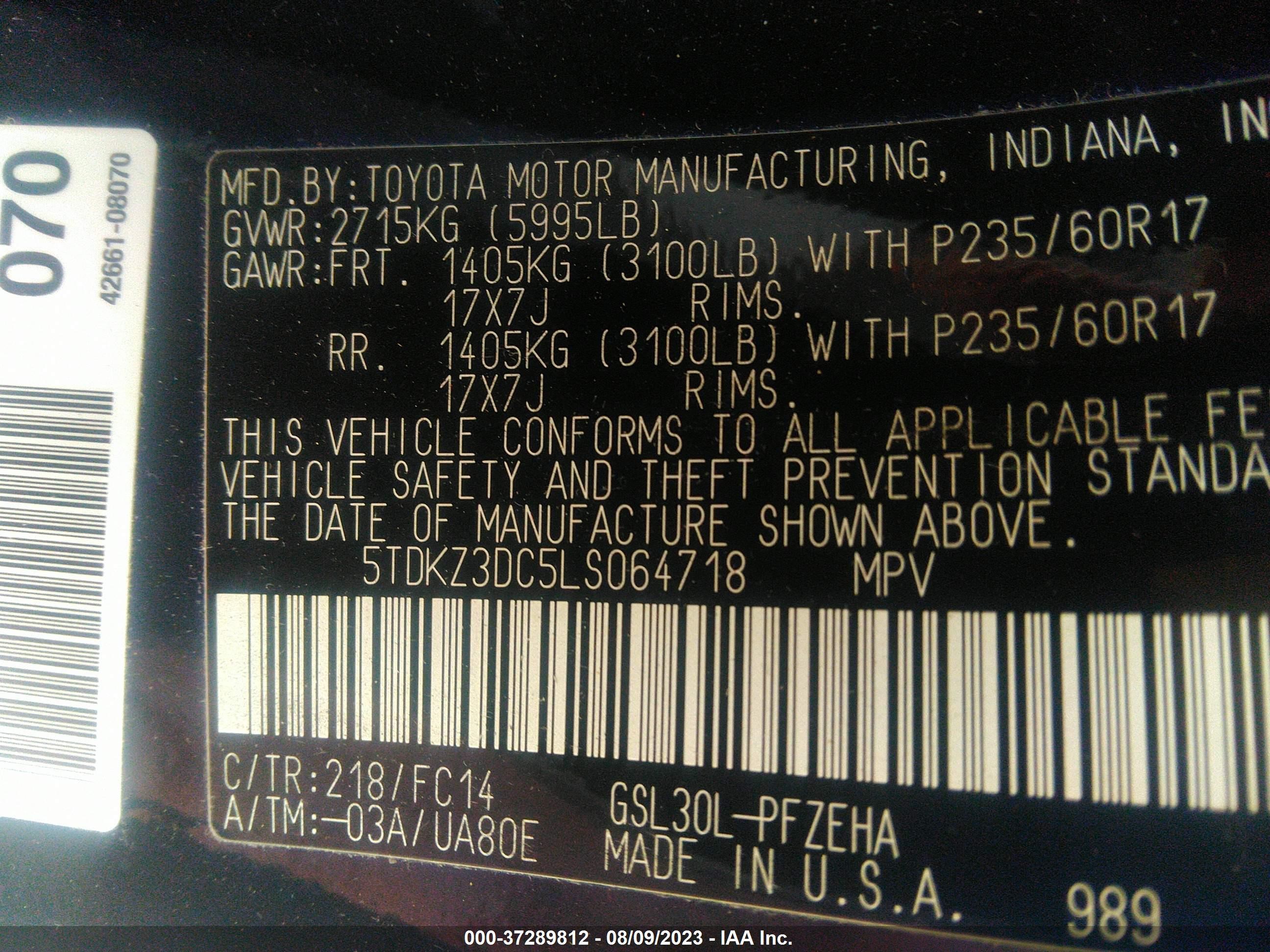 Photo 8 VIN: 5TDKZ3DC5LS064718 - TOYOTA SIENNA 