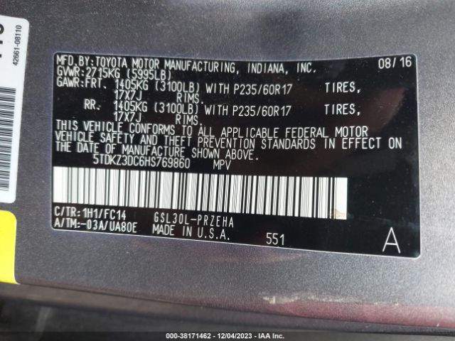 Photo 8 VIN: 5TDKZ3DC6HS769860 - TOYOTA SIENNA 