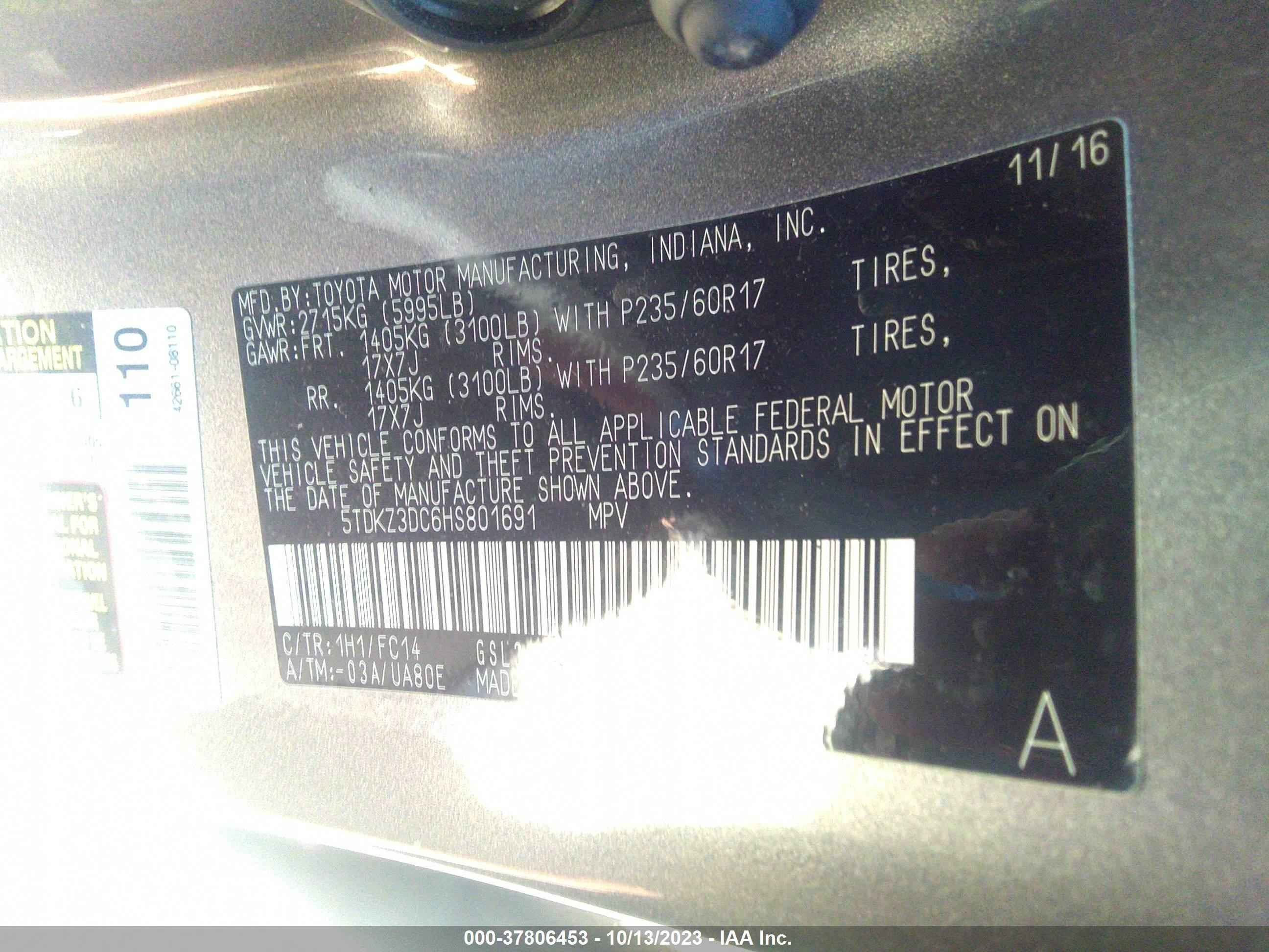 Photo 8 VIN: 5TDKZ3DC6HS801691 - TOYOTA SIENNA 