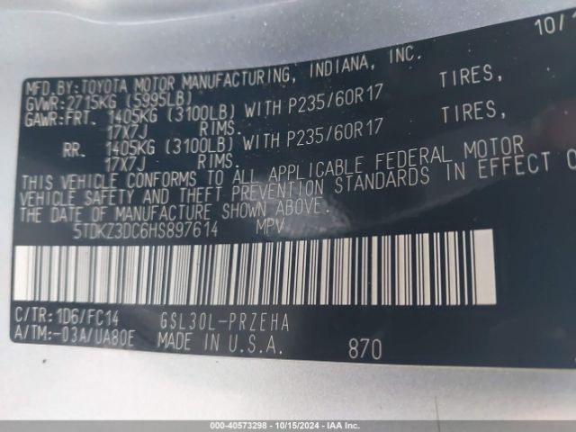 Photo 8 VIN: 5TDKZ3DC6HS897614 - TOYOTA SIENNA 