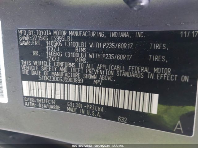 Photo 8 VIN: 5TDKZ3DC6JS903899 - TOYOTA SIENNA 