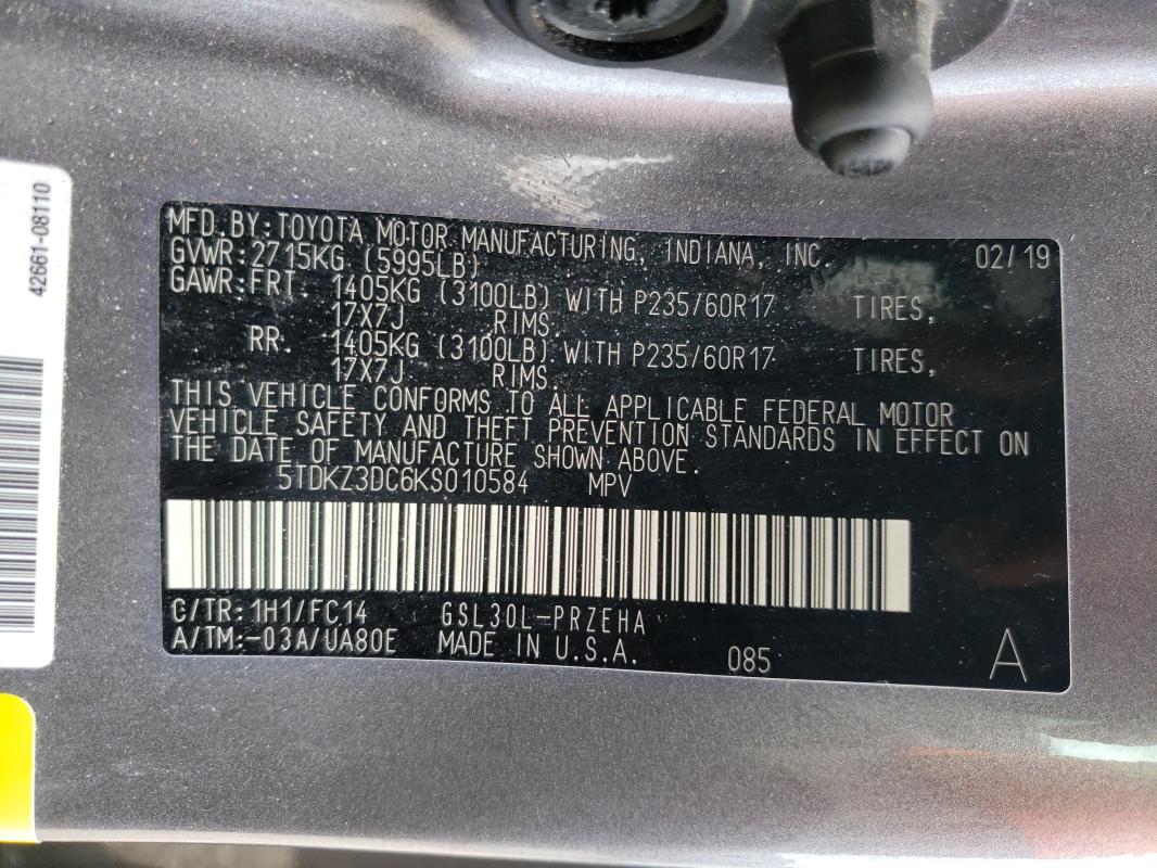 Photo 9 VIN: 5TDKZ3DC6KS010584 - TOYOTA SIENNA 