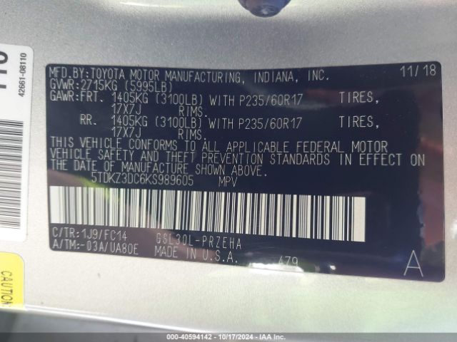 Photo 8 VIN: 5TDKZ3DC6KS989605 - TOYOTA SIENNA 