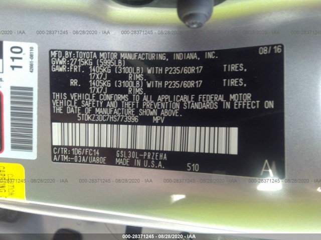 Photo 8 VIN: 5TDKZ3DC7HS773996 - TOYOTA SIENNA 