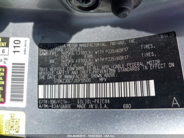 Photo 8 VIN: 5TDKZ3DC7JS919500 - TOYOTA SIENNA 