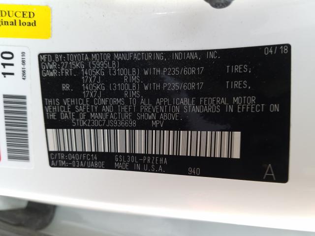 Photo 9 VIN: 5TDKZ3DC7JS936698 - TOYOTA SIENNA LE 