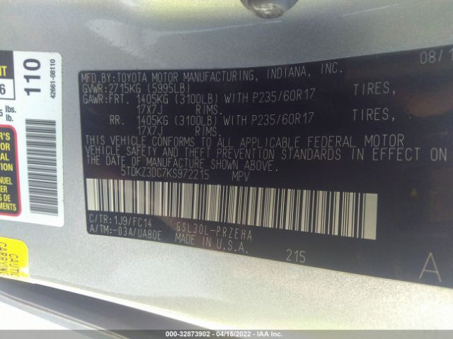 Photo 8 VIN: 5TDKZ3DC7KS972215 - TOYOTA SIENNA 