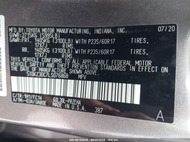 Photo 8 VIN: 5TDKZ3DC7LS076868 - TOYOTA SIENNA 