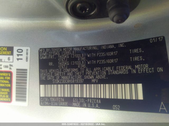 Photo 8 VIN: 5TDKZ3DC8HS819397 - TOYOTA SIENNA 